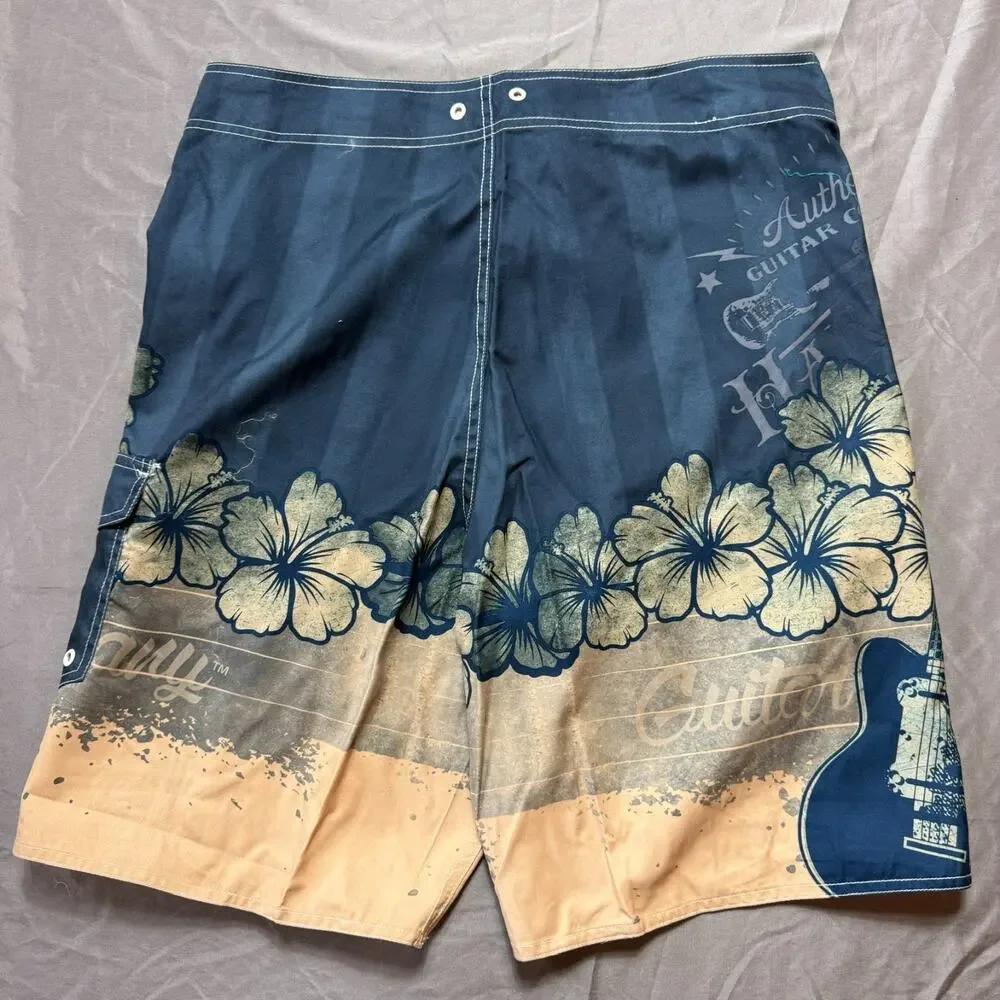 Hard Rock Boardshorts Mens 34 Swim Trunks Hibiscus Guitar Beach Swim Vacation